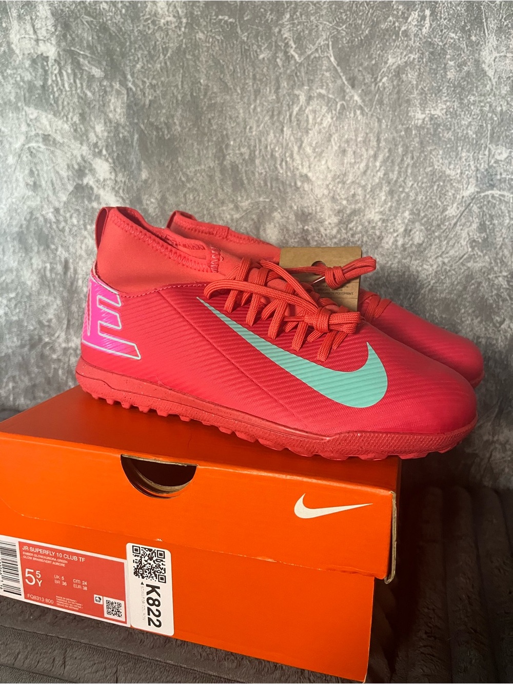 Nike Kids Red Soccer Turf Shoes with Turquoise Swoosh